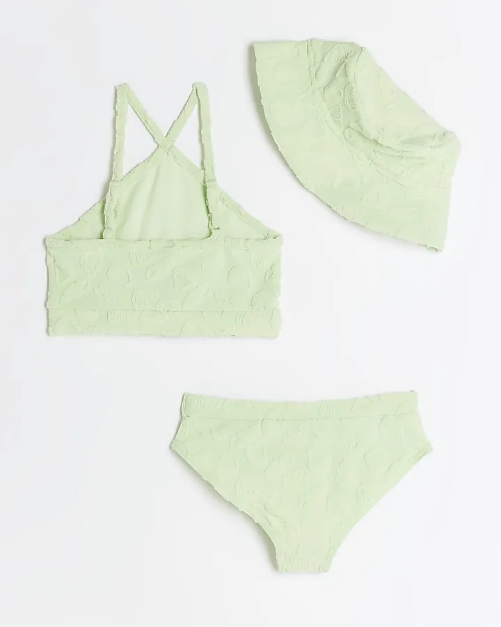 Girls green towelling bikini and hat set