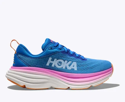 Hoka Women's Bondi 8 Cushioned Road Running Shoe in Coral/Papaya, Stellar/Blue Cosmos, Coastal Sky/All Abroad, Black/White & Sum