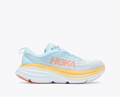 Hoka Women's Bondi 8 Cushioned Road Running Shoe in Coral/Papaya, Stellar/Blue Cosmos, Coastal Sky/All Abroad, Black/White & Sum