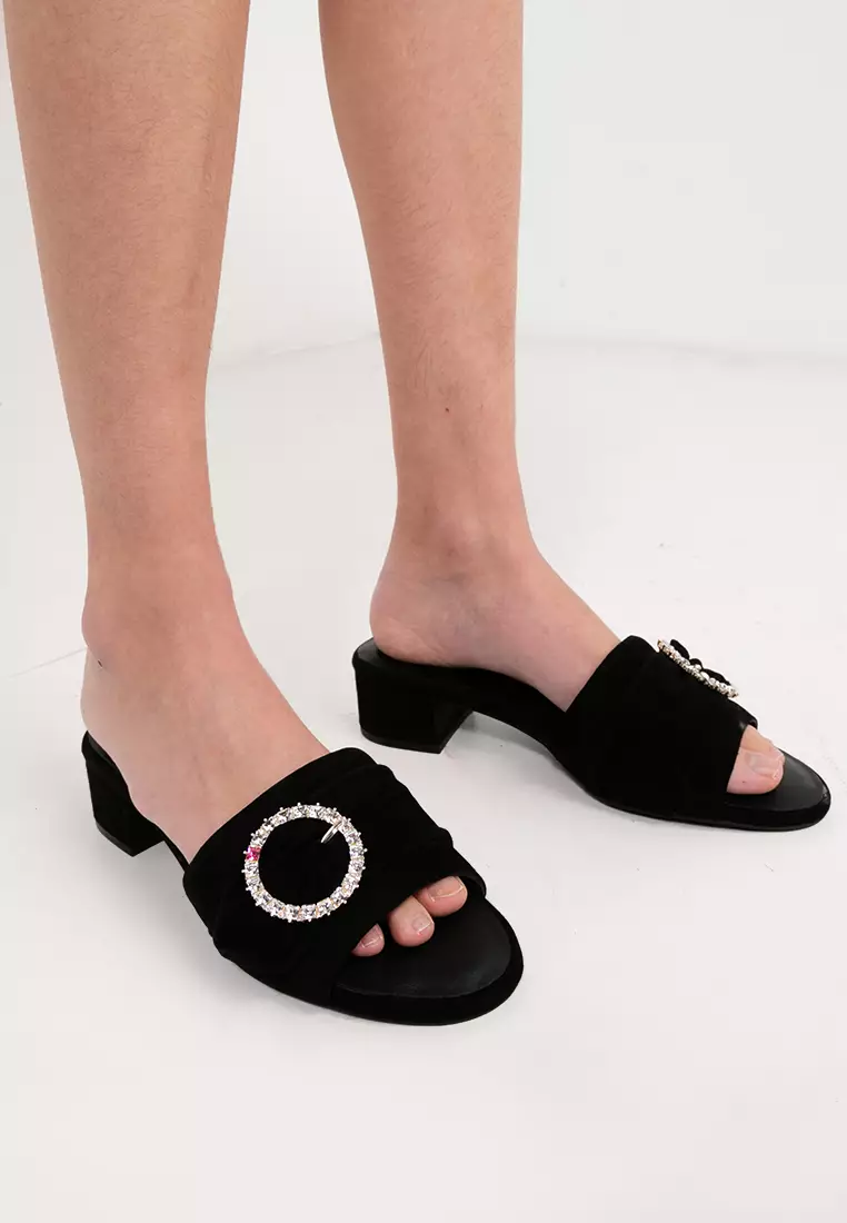 HOPE ROSA Hope Rosa Goddess Black Crystal Suede Slide Sandals