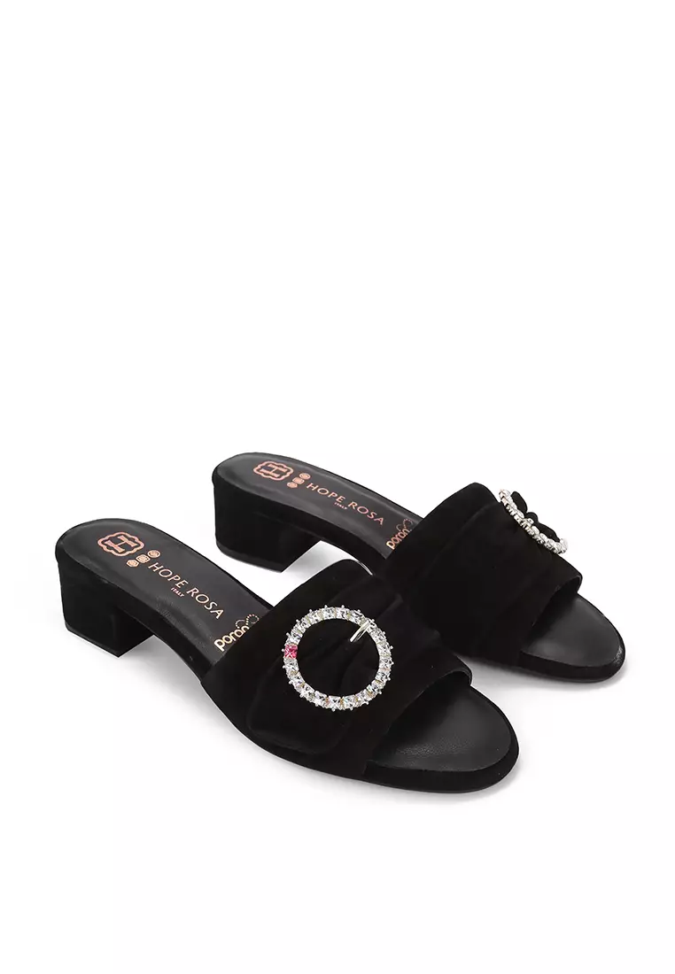 HOPE ROSA Hope Rosa Goddess Black Crystal Suede Slide Sandals