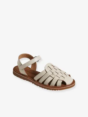 Leather Sandals with Hook-&-Loop Straps for Children - ecru