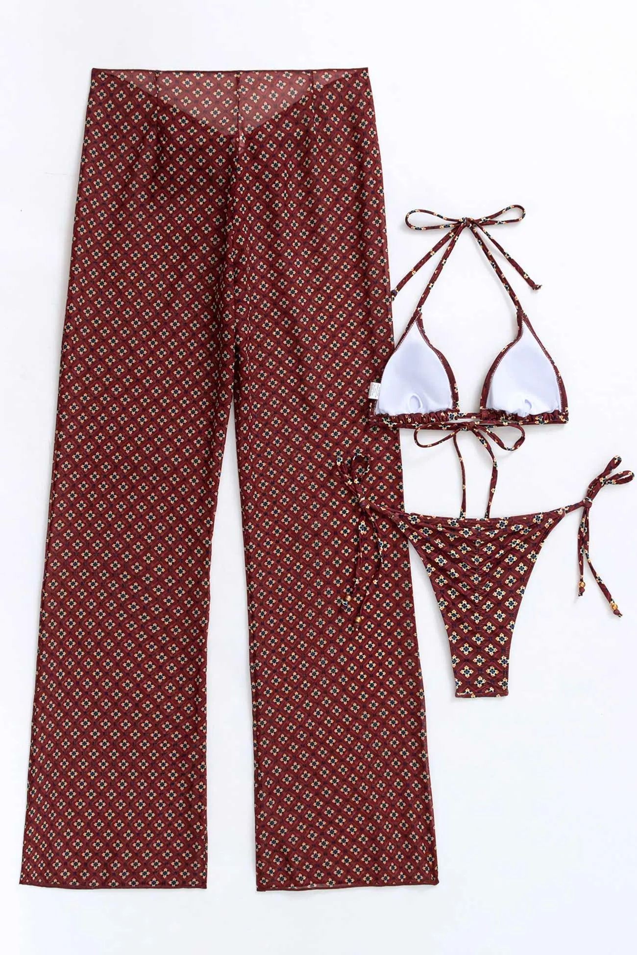 Printed Tie-up Bikini Three-piece Outfit