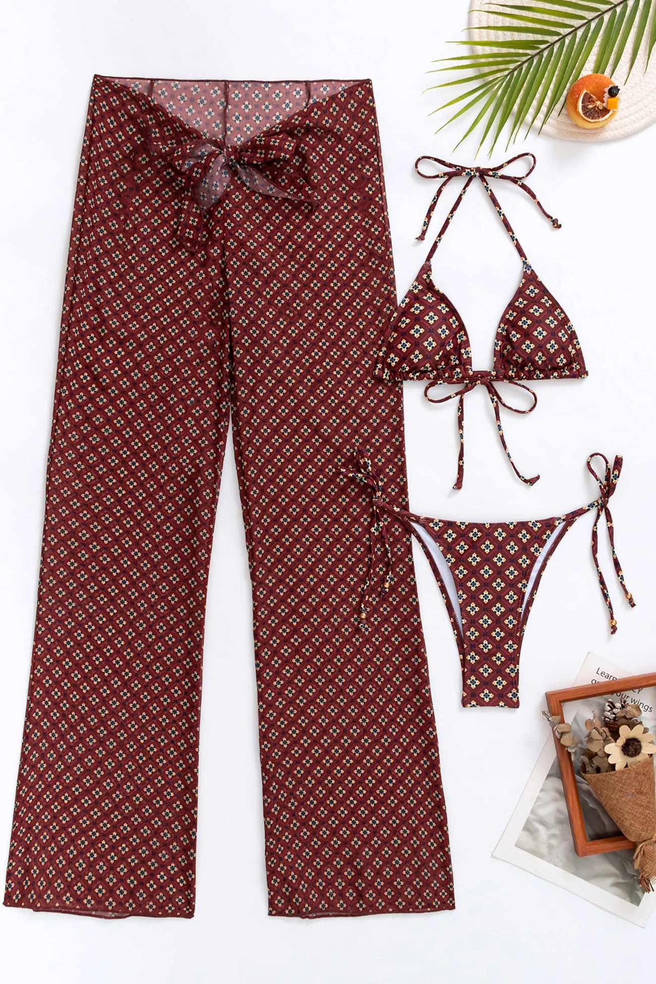 Printed Tie-up Bikini Three-piece Outfit