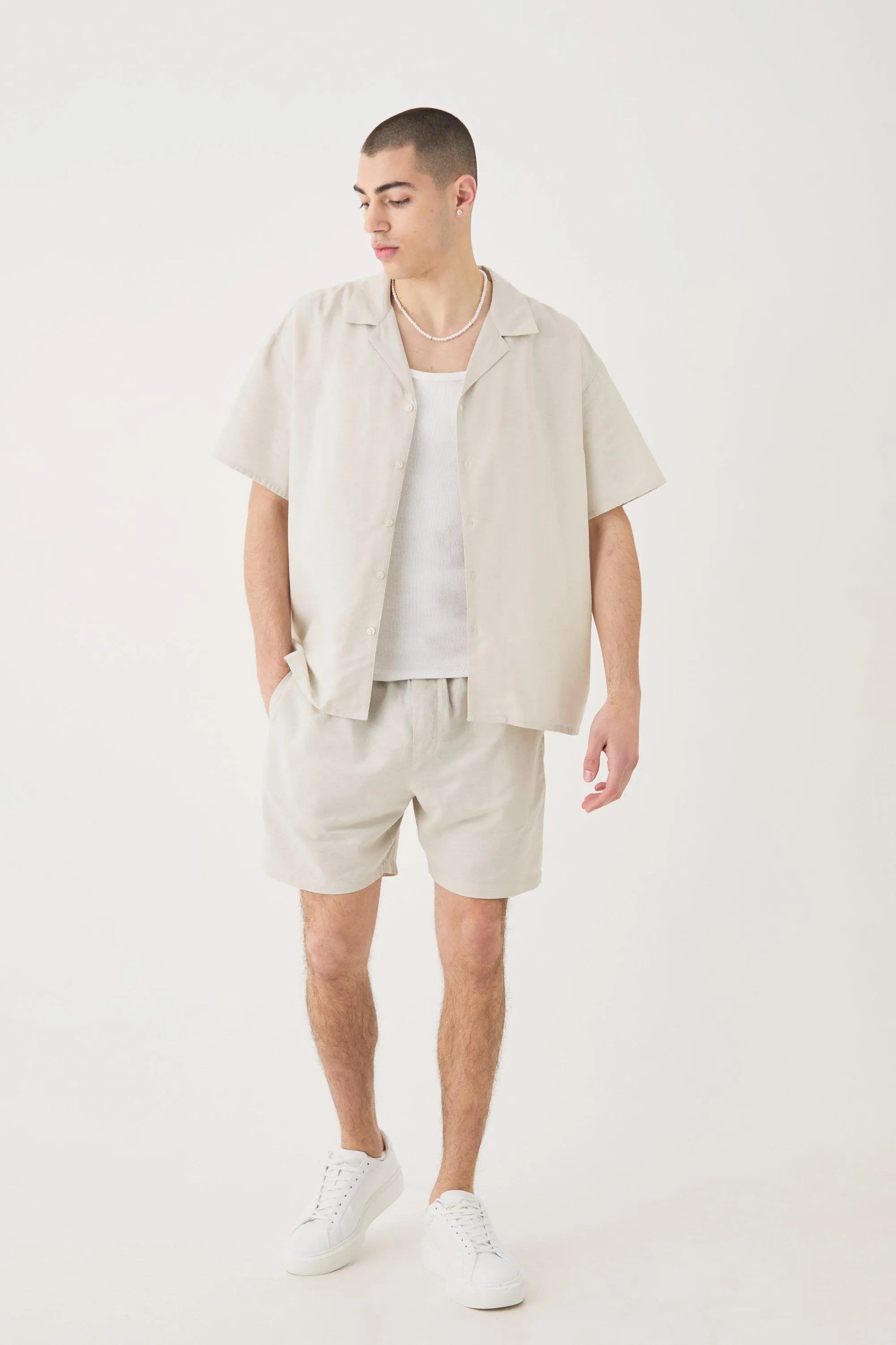 Short Sleeve Boxy Linen Shirt & Short Set | boohooMAN UK